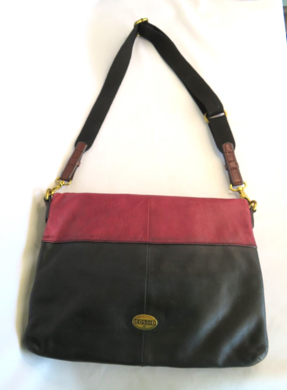 Vtg. FOSSIL Explorer Leather Tote Crossbody Shoulder Bag Black/Mauve